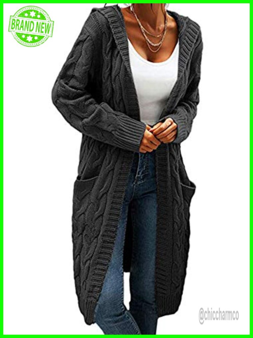 Women Hooded Open Front Cardigan Cable Knit Chunky Long Sweater Coat